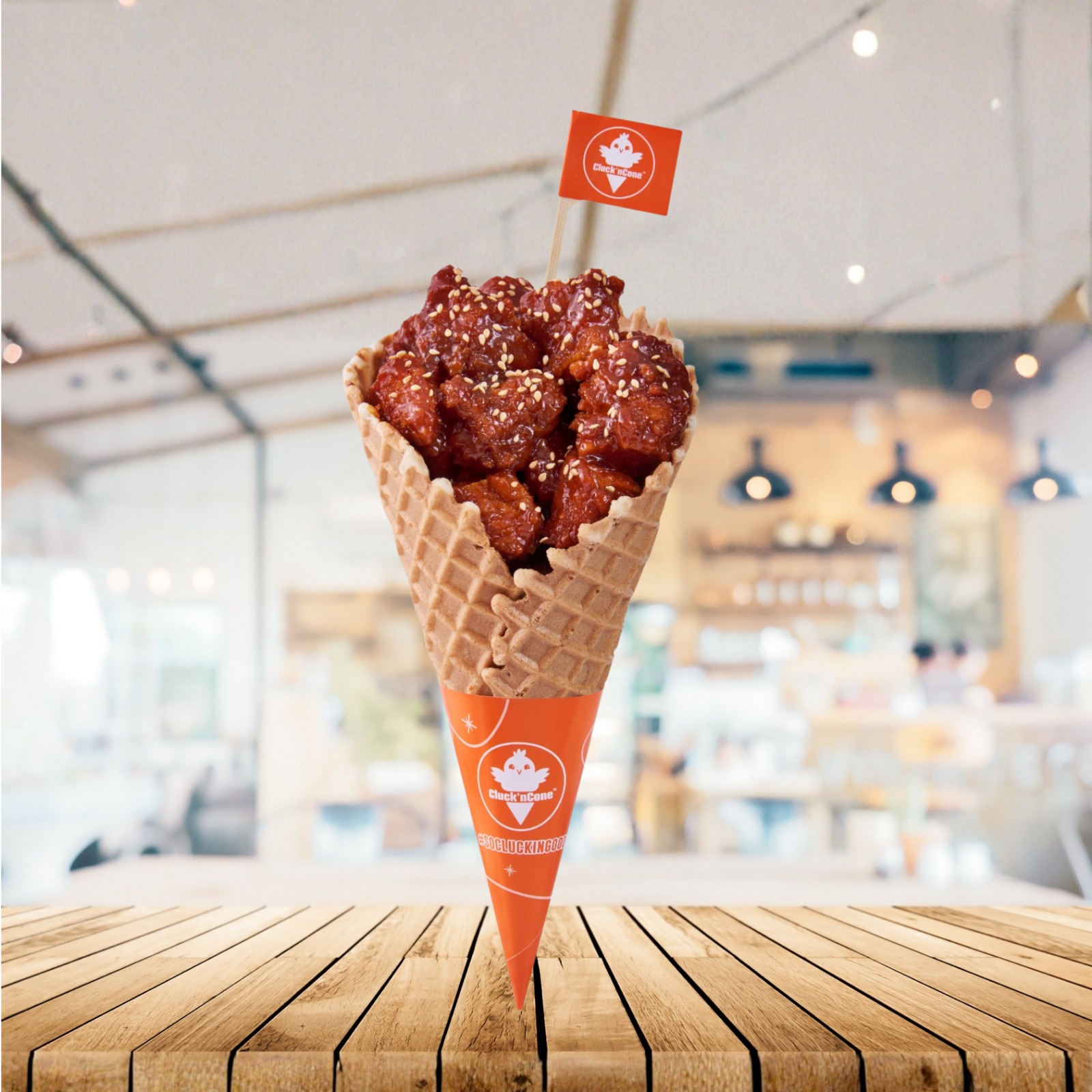 Fried chicken in a waffle cone with honey mustard